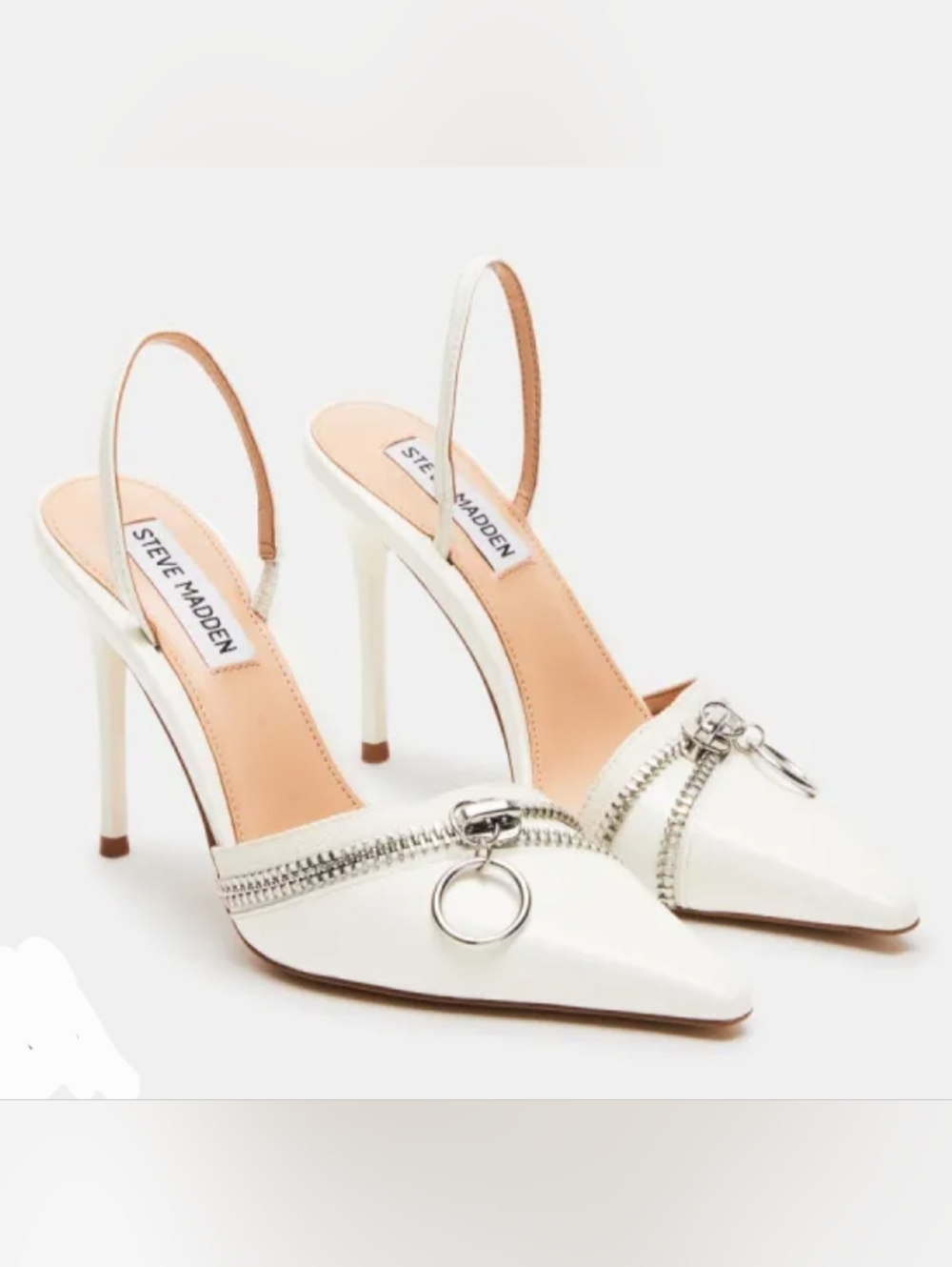 STEVE MADDEN. White Pointed Slingback Heels with Silver Ring Zipper